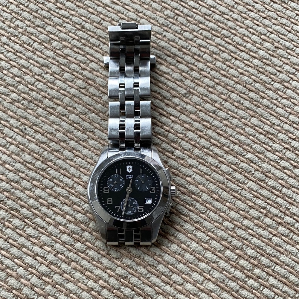 SWISS ARMY Silver and Black Stainless Steel Watch
